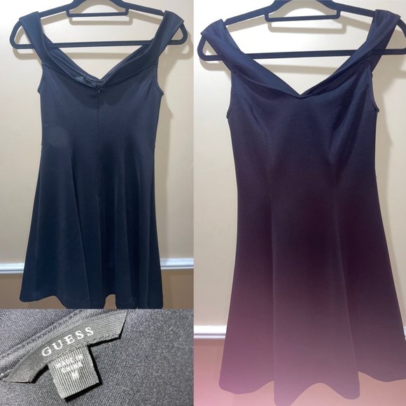 Guess Fit & Flare Black Dress with Portrait Neckline - Picture 1 of 4